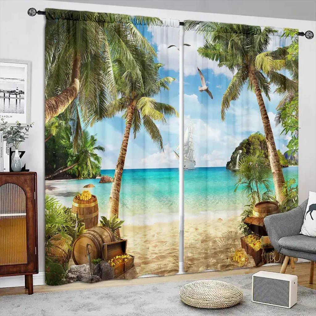 2pcs 3D Balcony Beach Landscape Curtain Window Treatment For Bedroom Living Room Kitchen Study Room Home Decor Free Shipping