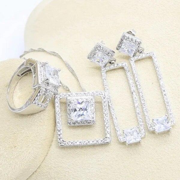 Geometric White Zircon Silver 925 Wedding Jewelry Set for Women Bracelet Long Earring Necklace Pendant Ring Gift Box