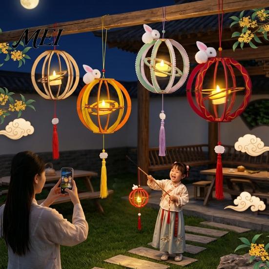 Chinese Style Lantern Kit DIY for Mid-Autumn Festival, Hollow Wooden Rotating Ring Hanging Ornament with Rabbit, Handmade LED Candle Toy Tassels