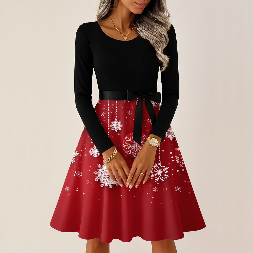 Women's Casual Fashion Round Neck Long Sleeve Christmas Printed Party Vintage Long Dresses