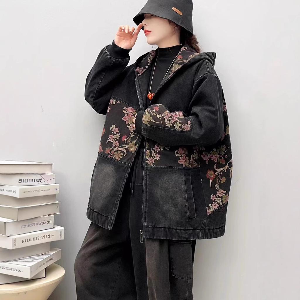 2025 Autumn New Product Splicing Printing Outer Loose Version Positive Denim Zipper Hooded Jacket Women's Top