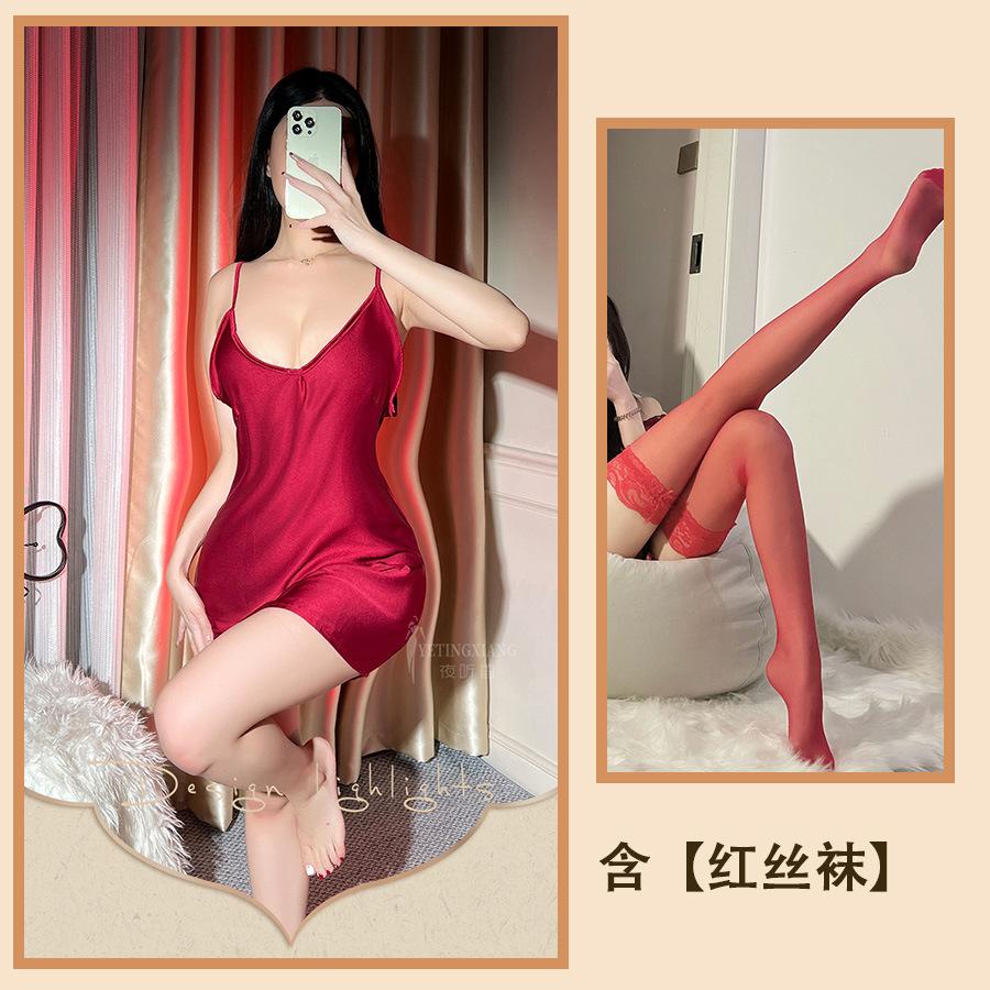 Сексуальное нижнее белье Сексуальные подтяжки Ice Silk Late Night Bar Uniform Tight Passion Ночная рубашка с открытой спиной Большой размер Обертывание бедер