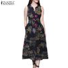 Women Casual V-Neck Floral Print Sleeveless Cotton Dress