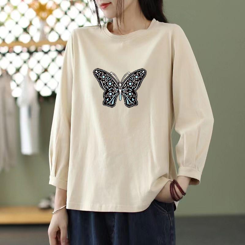 Nine-quarter Sleeve Printed T-shirt for Women Spring Autumn New Korean Style Solid Loose Slimming Mid-sleeve Round Neck Top