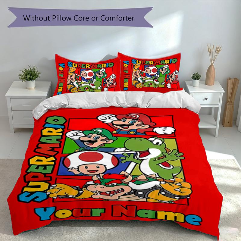 3pcs Custom Name Super Mario Bedding Set,Includes 1 Duvet Cover and 2 Pillowcases,All-season Bedroom Decor