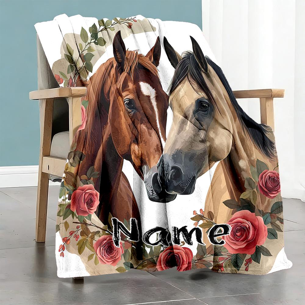 Vintage Horse Roses Personalized Name Blanket Throw Customizable Blanket Soft & Cozy Throw For Seaside Livingroom Office Chair Nap