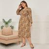 Autumn Winter New Women V Neck Long Sleeve Slim-Fit Printed Lace-Up High Waist All Match Long Dress