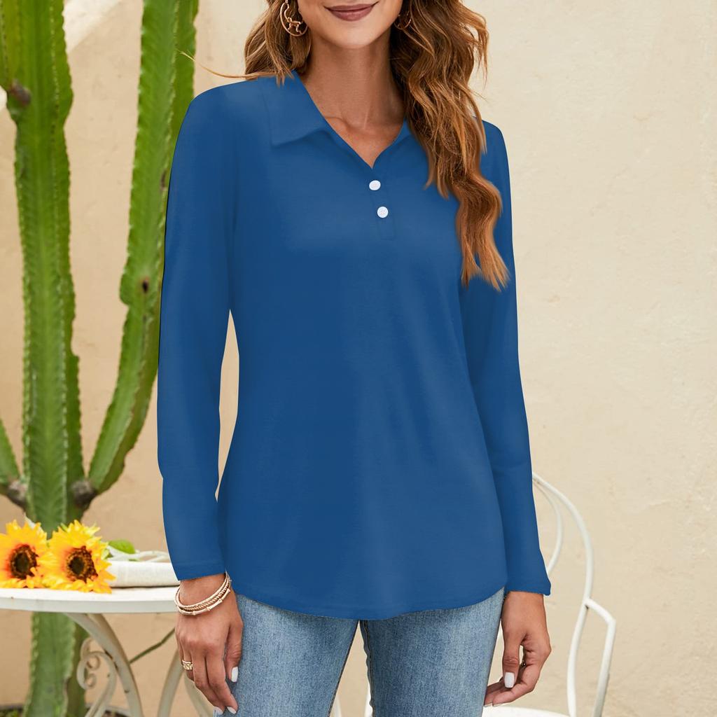 Женская мода однотонная рубашка с воротником на пуговицах и V-образным вырезом, длинным рукавом, свободная рубашка