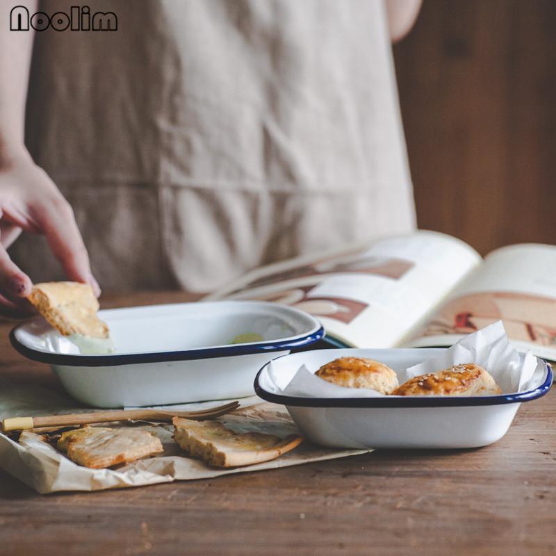 Ретро эмалированный прямоугольный поднос – Красный и синий ободок, тарелка для выпечки и обеда для домашнего использования