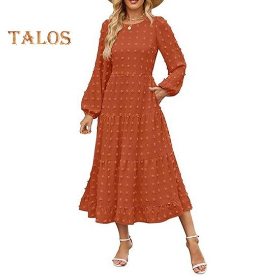 Платье для женщин осень-зима с длинными рукавами-фонариками, А-силуэтом, круглым вырезом, большим подолом, аппликацией в горошек, плиссированное, однотонное, для свиданий, поездок на работу, миди-платье