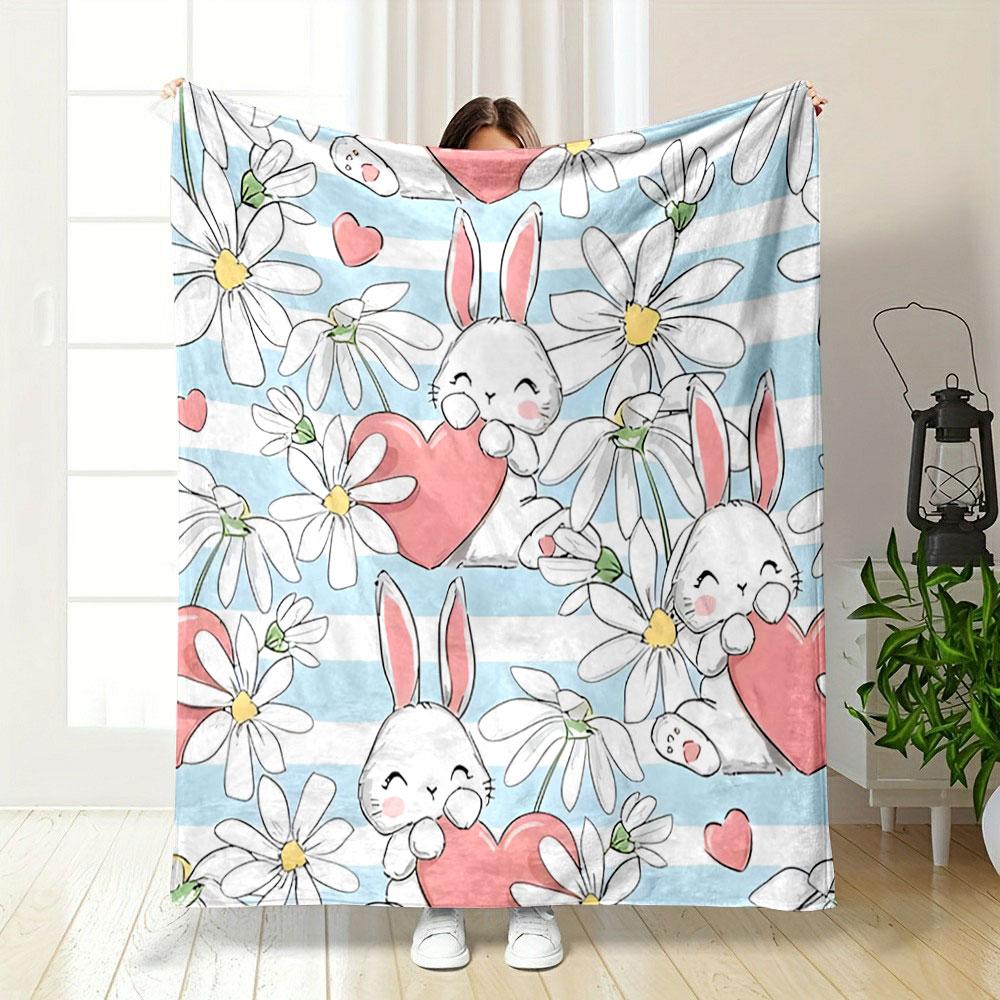 Cute Bunnies with Hearts and Daisies print blanket soft and cozy perfect for the living room bed sofa or a nap,gift