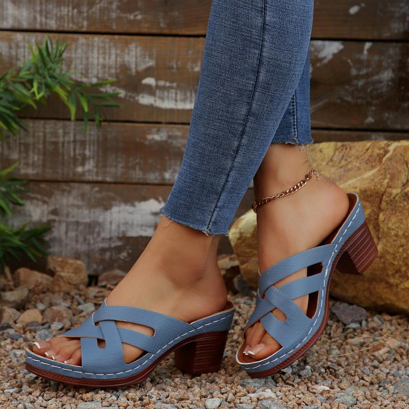 Fashion Elegant Round Toe Cross Tie Straps Slippers Women 2025 Summer Square High Heels Shoes Women Vintage Blue Daily Shoes