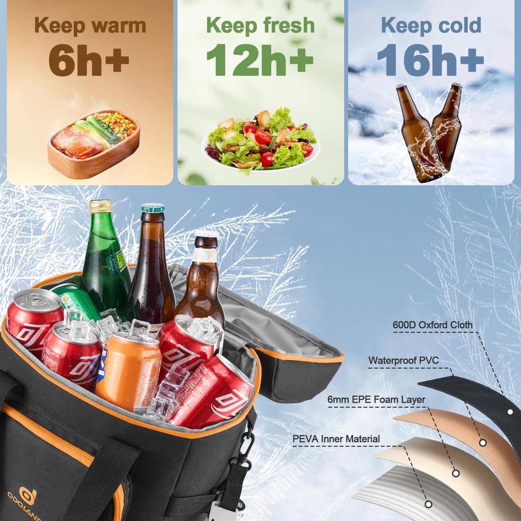 Охлаждающий рюкзак Odoland 22 л Мягкий термобокс 16 часов сохранения холода 4-слойная изоляционная структура Включает 3 аккумулятора холода и открывалку для бутылок Большой