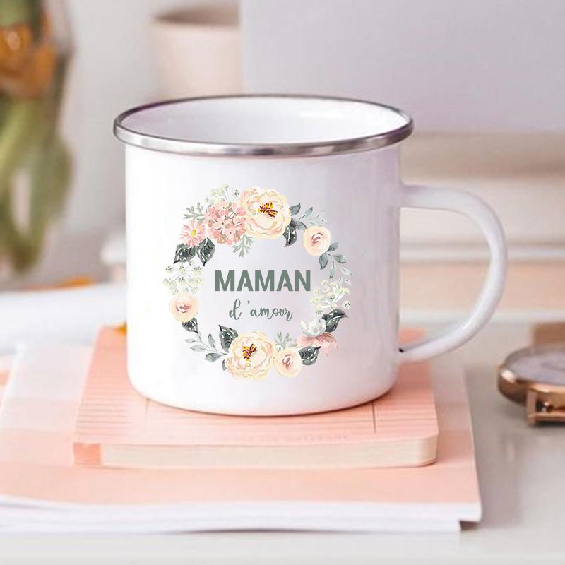 French Flower Maman Printed Mugs Enamel Mug Creative Coffee Cups Drinks Water Milk Cup Home Handle Drinkware Best Mother Gifts