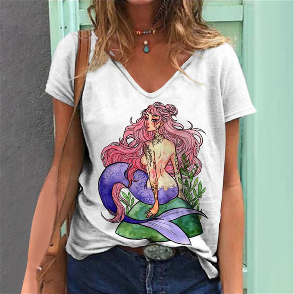Lightweight Mermaid Digital 3D Print T Shirts Women Versatile Pullover Short Sleeve Summer Casual V-Neck Female Harajuka Tops