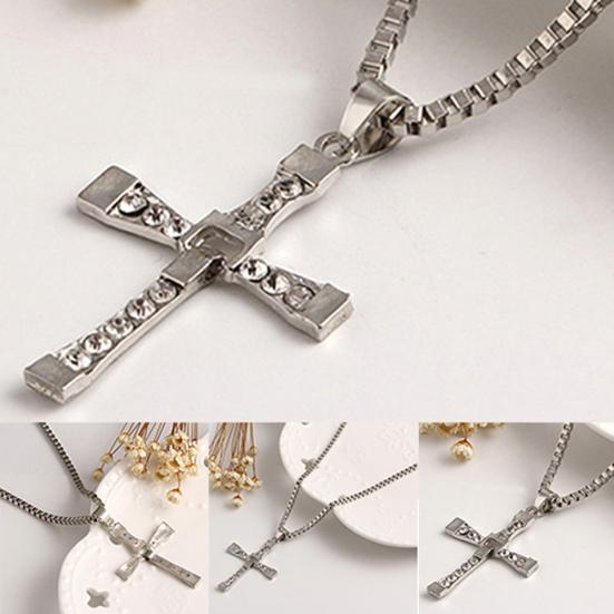 Cool Rhinestone Cross Pendant Long Necklace Men Jewelry Xmas Gift
