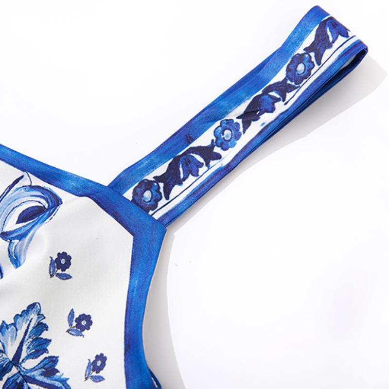 Элегантный комплект из двух предметов с фарфоровым узором, женский короткий укороченный топ с цветочным принтом, плиссированные макси-юбки, костюмы, женские лоскутные винтажные комплекты с ремешками, 2024