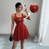 Летнее женское сексуальное красное мини-платье А-силуэта на тонких бретелях с квадратным вырезом