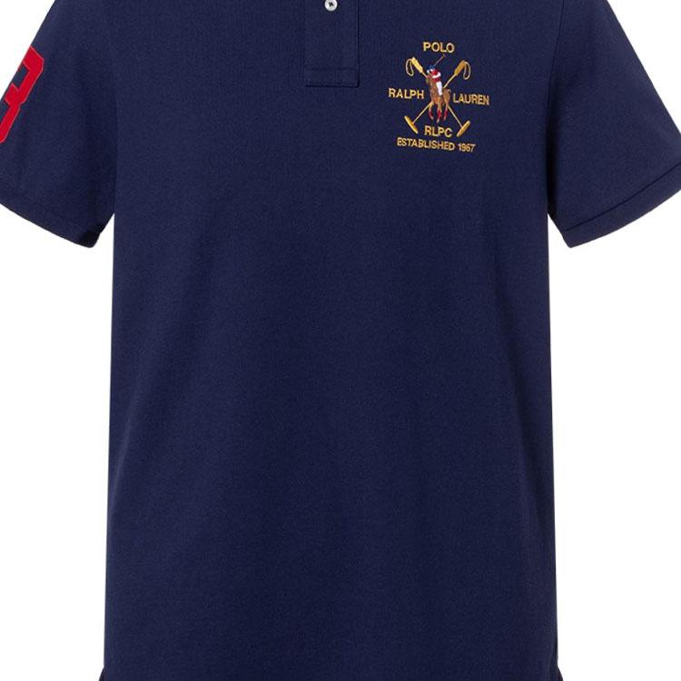 Polo Ralph Lauren Цифровой Логотип Аппликация Вертикальные Пуговицы Короткий Рукав Поло Мужские Топы Темно-Синий 710921674-002