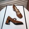 Fashion 2024 Spring Autumn Women Buckle  Shoes Leather Square Head Square Heel Solid Color Women's Shoes