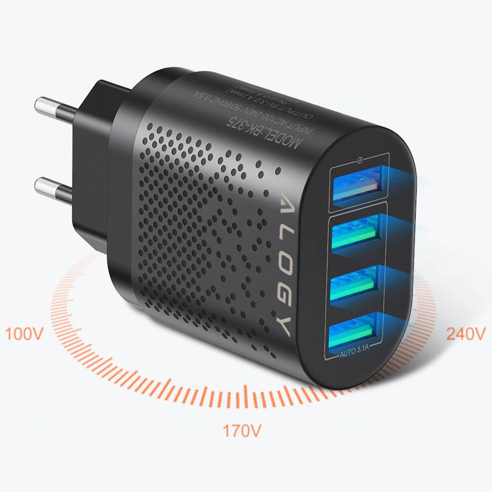 Szybka Ładowarka Sieciowa Alogy 4X Usb Quick Charge 3.0 2.4A Czarna