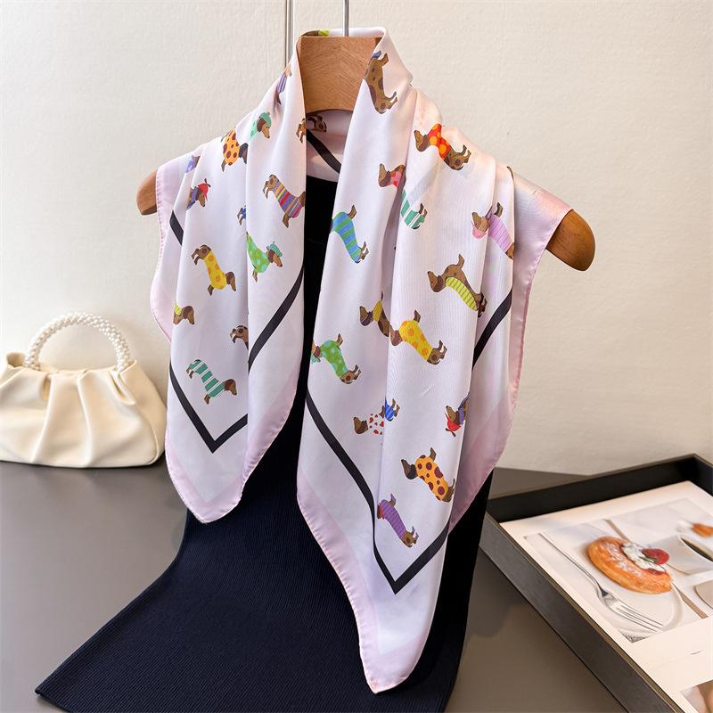 New dachshund print faux silk small square scarf shawl versatile high-end neck scarf bandana wrap