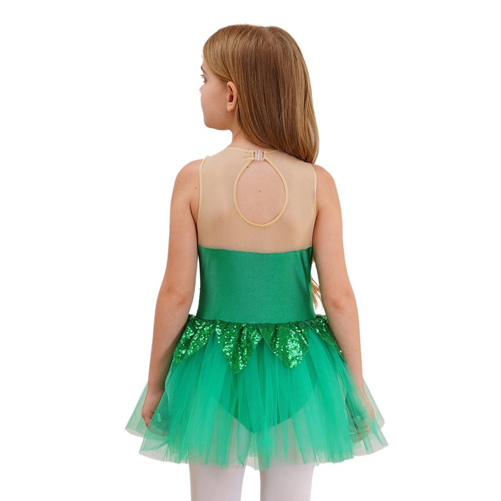 Girls Halloween Elf Cosplay Costume Sleeveless Keyhole Back Shiny Sequins Mesh Tutu Dress Bodysuit Jumpsuit