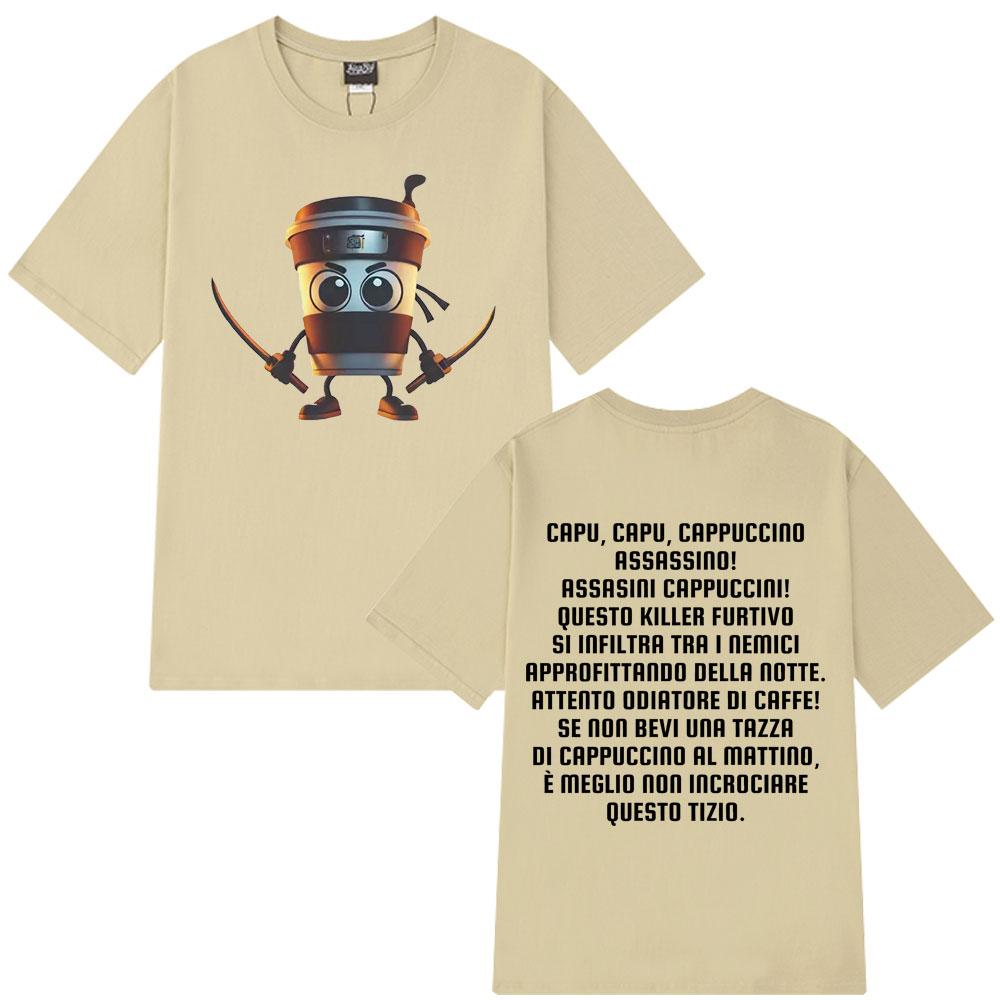 Cappuccino Assassino T-Shirt Italian Brainrot Humor Meme Tees Man Woman Vintage Summer 100% Cotton Casual T-shirts Streetwear
