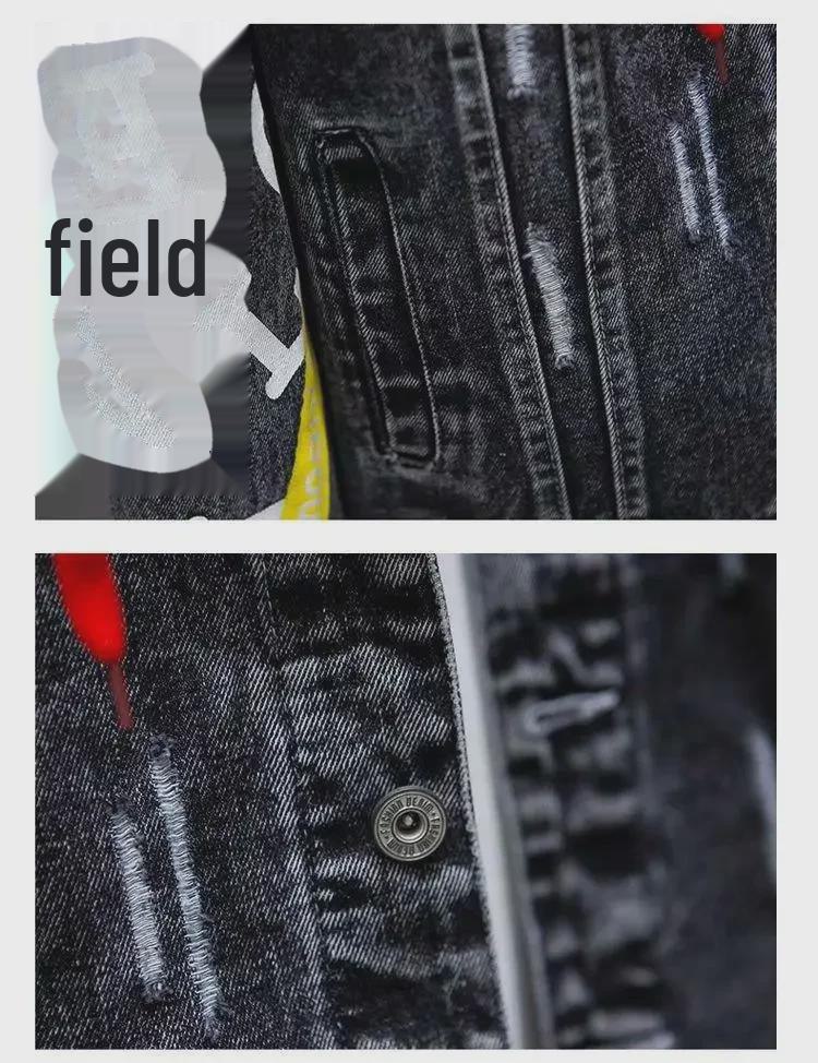 Мужская модная повседневная узкая джинсовая куртка с рваной вышивкой - мода весна-осень 2022 г.