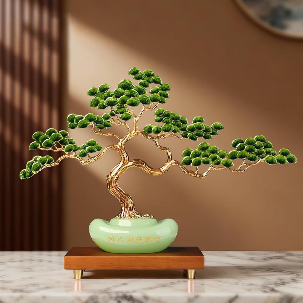 Aris & Juno Alloy Welcome Pine Fortune Tree with Golden Ingot, Modern Chinese Style Wealth Sculpture, Glass Enamel Decor for Home Office Desk