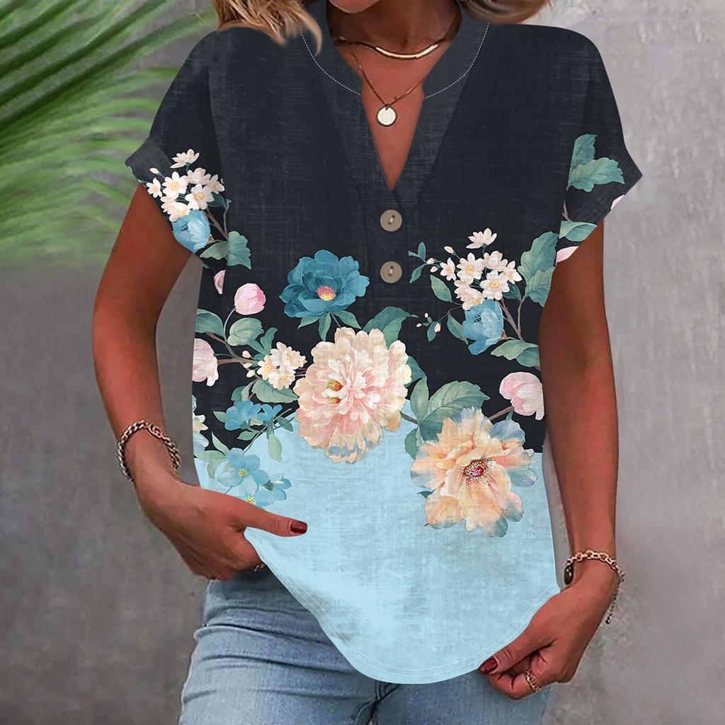 Женская модная повседневная рубашка с v-образным вырезом и коротким рукавом с принтом, футболка на пуговицах, топ