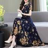 Women O-neck Short Sleeve Midi Dress High Waist Belt Floral Print Mid-aged Ladies