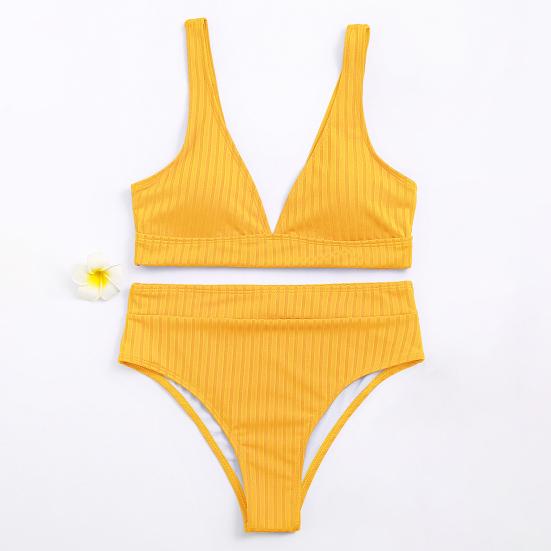 Бикини из двух частей с V-образным вырезом, сплошной цвет, женский ребристый глубокий комплект, бюстгальтер, трусы, купальник для лета