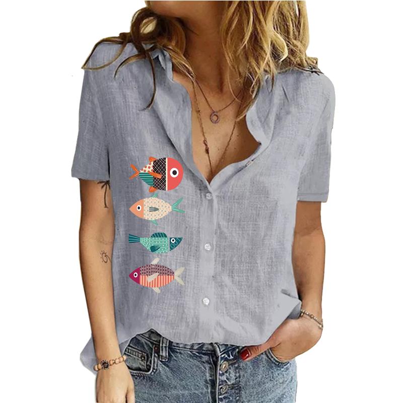 Женская модная футболка-кардиган с лацканами и воротником на весну и осень, хлопковый льняной топ, повседневные блузки с короткими рукавами и принтом