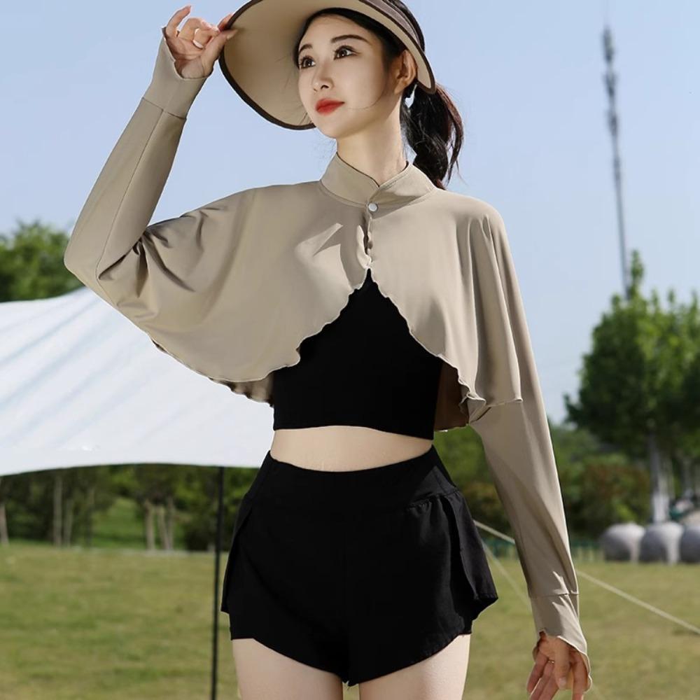 Solid Color Sun Protection Clothing Long Sleeve Ice Silk Cape Long Sleeve Crop Top Sun Protection