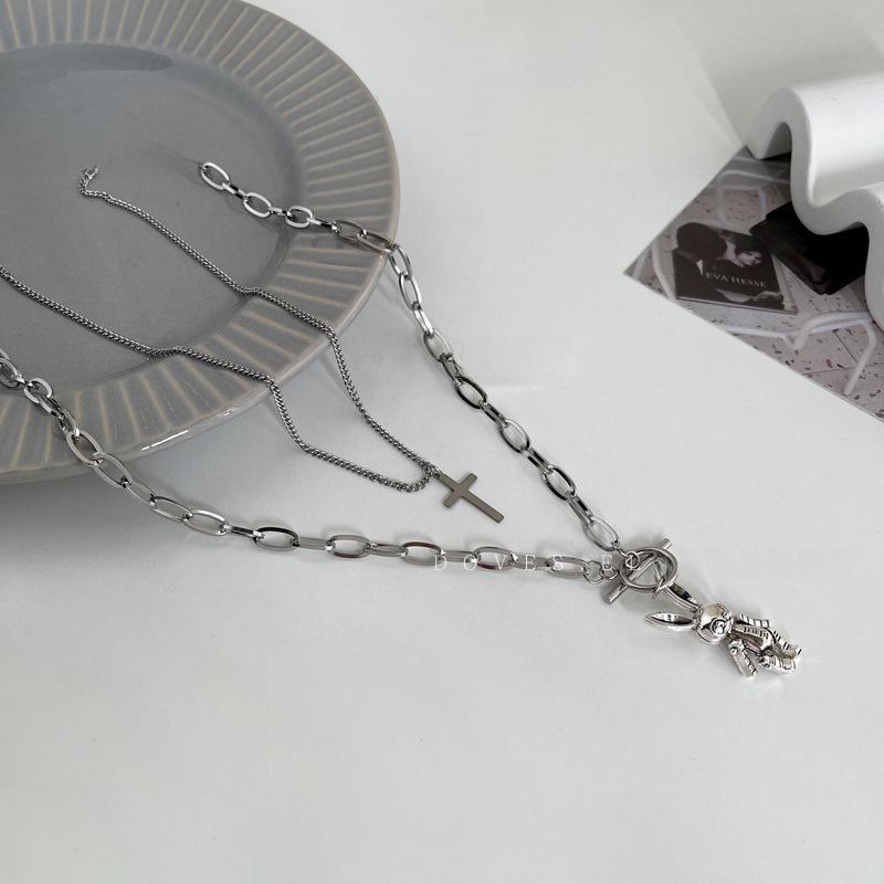 Double-Layer Punk Rabbit Cross Necklace - Unisex Hip-Hop Style