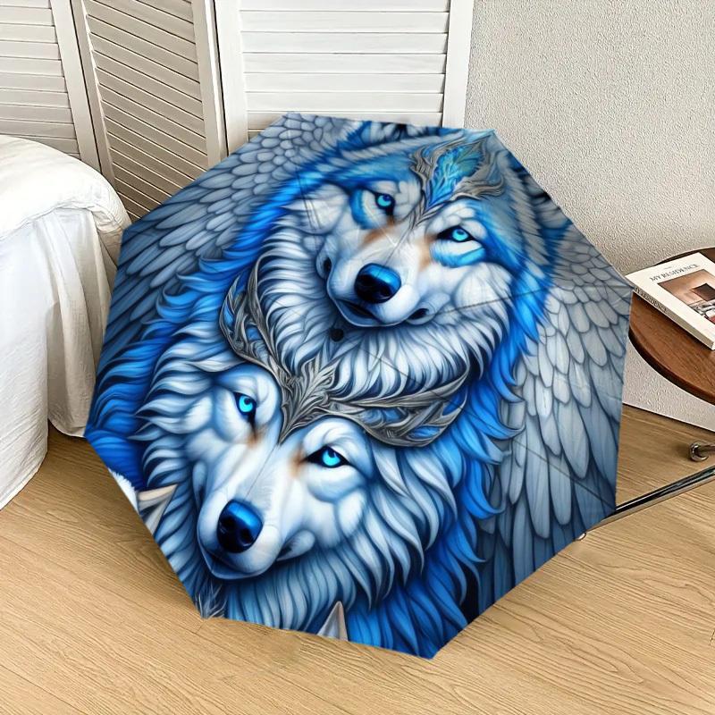 1pc Blue Wolf Fantasy Artwork Umbrella with Plastic Handle,Suitable for All Seasons Home Travel Outdoor UmbrellaDD954