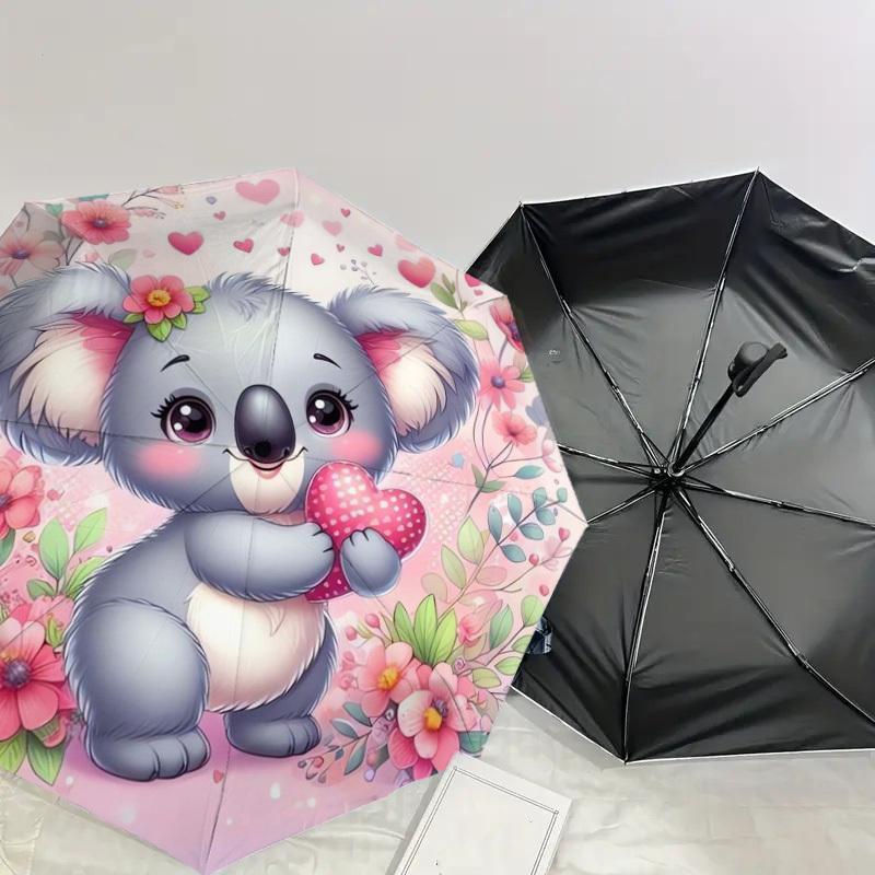 1pc Cute Koala with Heart on Floral Background Umbrella with Plastic Handle,Suitable for All Seasons Home Travel Outdoor UmbrellaDD558