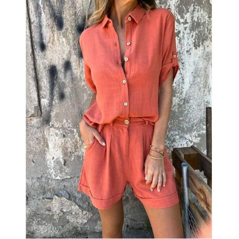 Collar Shirt Solid Color Shorts Set Lapel Shirt Pure Color Casual Shorts Suit