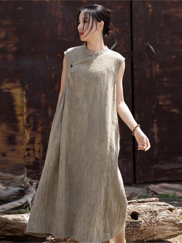 Johnature Women Vintage Dresses Stand Sleeveless Robes Summer Tie-dye Chinese Style A-line Dress