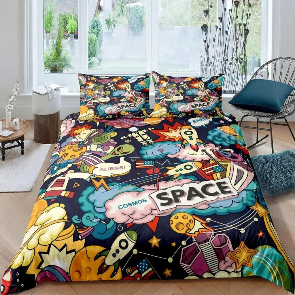 Комплект постельного белья «Ракета» King Size, комплект постельного белья «Космический корабль», микрофибра, космический корабль, звезды, планета, мультяшный стиль, пододеяльник