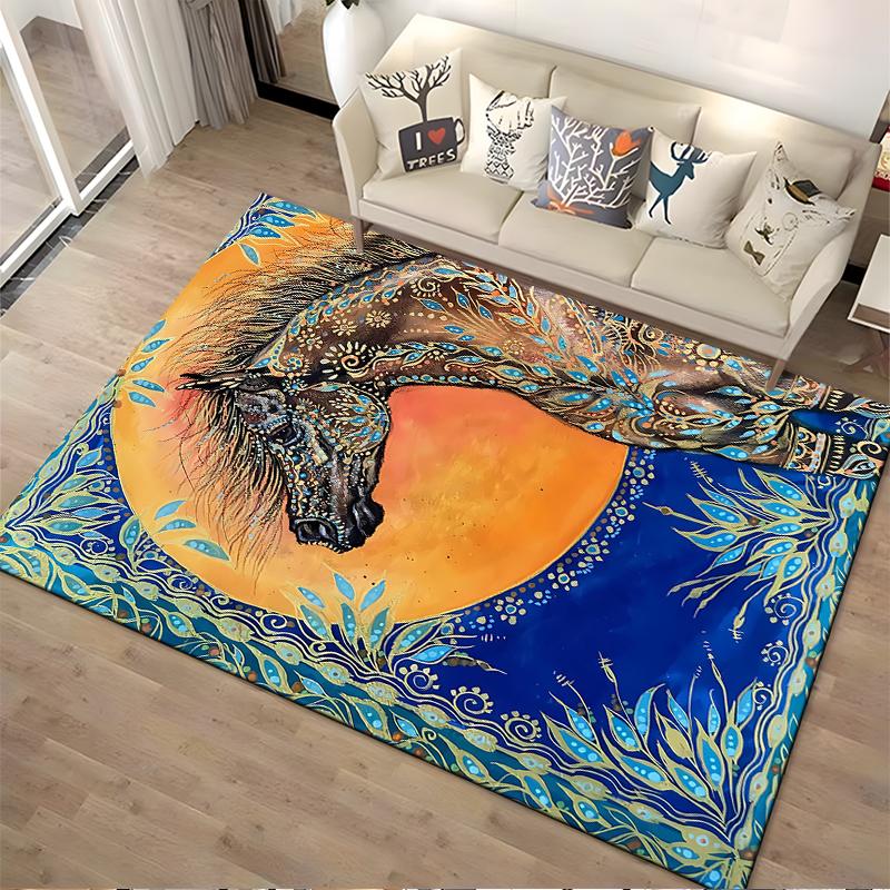 Abstract Horse Pattern Carpet with Colorful Sun and Blue Border Design Suitable for use as an anti-slip for living room bedroom sofas