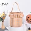 Pumpkin Ghost Pattern Totes Halloween Basket, Plaid Ruffle Trick or Treat Candy Bucket with Handle Versatile Household Storage for Kids, Reusable