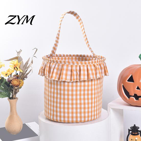 Pumpkin Ghost Pattern Totes Halloween Basket, Plaid Ruffle Trick or Treat Candy Bucket with Handle Versatile Household Storage for Kids, Reusable