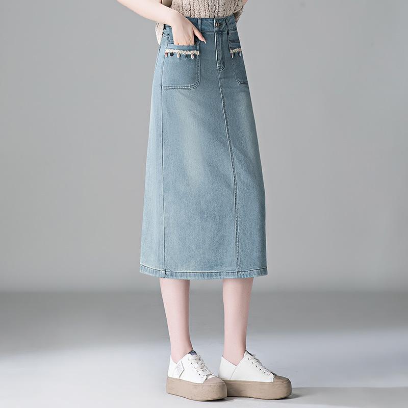 Women's Light Blue High Waist Denim A-Line Skirt with Slit - Spring 2026 Fashion