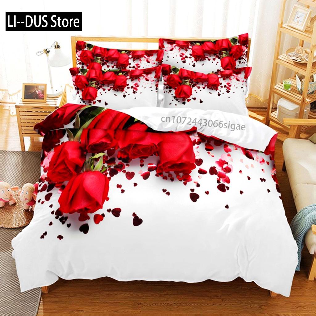 Red Rose Duvet Cover Comforter Pillow Case King Queen Size Flower Theme Valentine's Day Present For Women Room Decorations Gifts