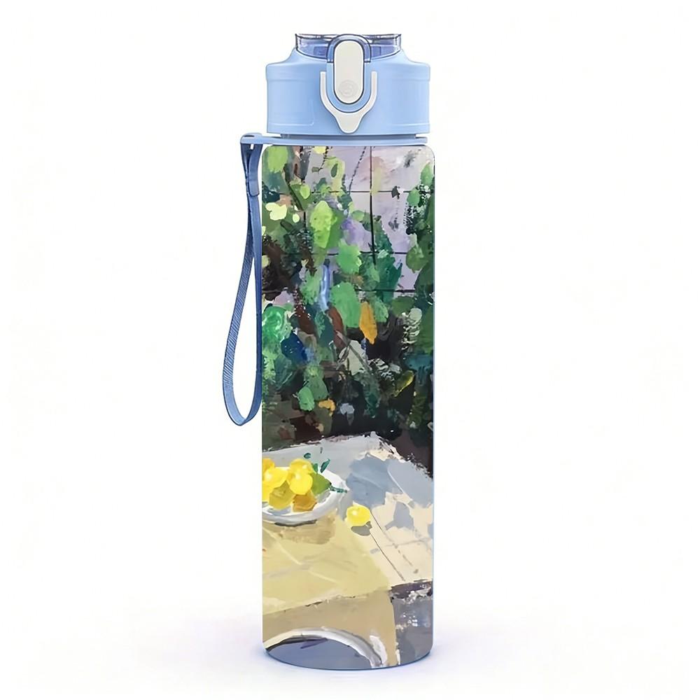 1PC Outdoor Table Picnic Garden Scene Illustration 750ml Color Plastic Sports Water Bottle Leakproof Flip Straw Lid Suitable for Sports Office Use
