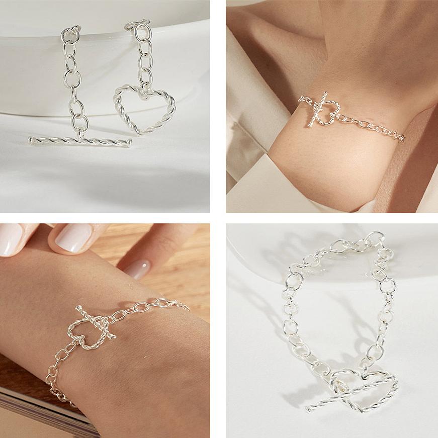 Sterling Silver S925 Silver Bracelet Twist Love Bracelet for Women Hip Hop OT-shaped Buckle Design Hollow Heart-shaped Bracelet
