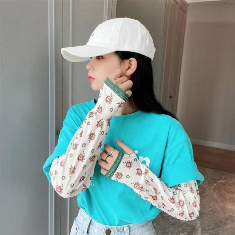 Sun Protection Long Arm Sleeves Flower Pattern Summer Arm Cover Sunscreen Ice Silk Sleeve Girls