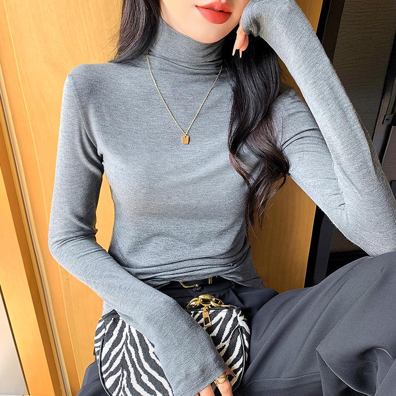 Женский черный модальный топ с длинным рукавом, облегающий, с высоким воротником, базовый слой для весны, осени, зимы 2024.